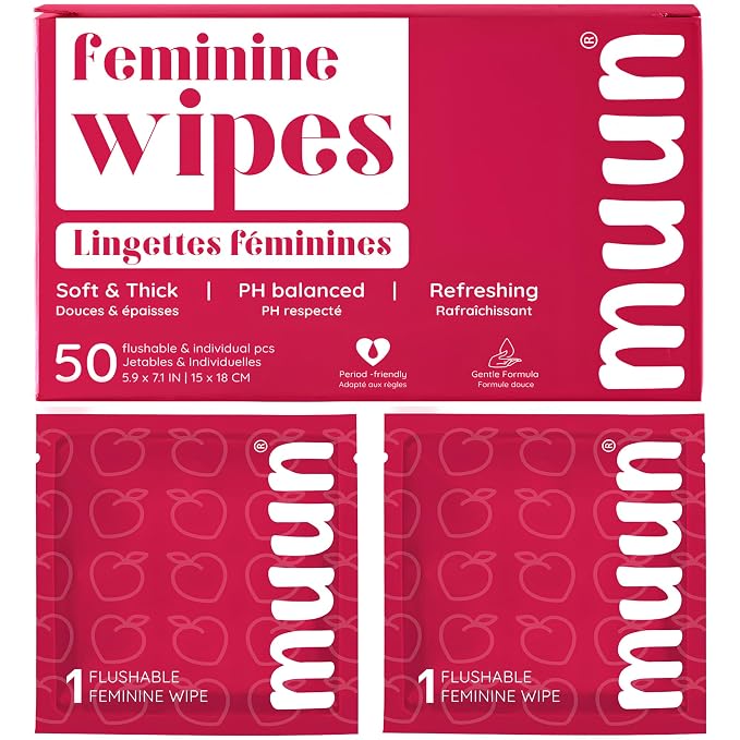 Muun Feminine Wipes Flushable - 50 Counts Individual Vaginal Wipes Ph Balance, Anti Itch Deodorant Hygiene Wrapped Personal Cleansing, Wet Wipes for Intimate, Butt
