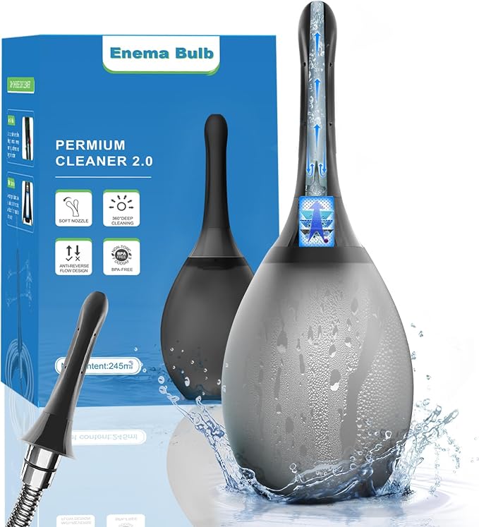 Douches for Men Enema Bulb - Anal Douche Anti-Backflow & Leakproof, Flexible Silicone Tube, 7 Spouts, Shower-Connected, Portable Douche for Travel and Home 8.3oz, （Black）