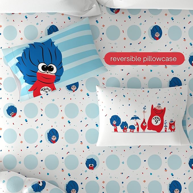 Dr Seuss The Cat in The Hat Movie Set, Full Size 5 Piece Kids Super Soft Cozy Reversible Comforter and Sheet Set, Thing 1, Thing 2, Thing 3 (Officially Licensed Product) By Franco | Durable, Reversible, Officially Licensed