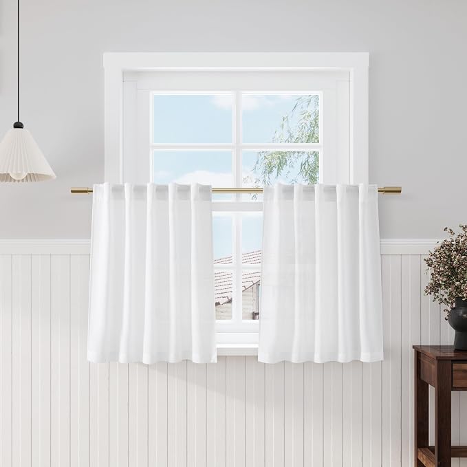 Nanspring White Linen Cafe Curtains 30 Inch Length Privacy Light Filtering Semi Sheer Front Door Small Window Curtains Back Tab Rod Pocket Short Curtain for Bathroom Kitchen Basement RV 26x30 White