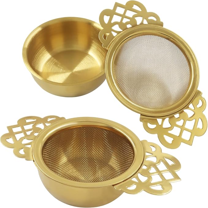 2 Pack Fine Mesh Tea Strainers with Drip Bowls, Stainless Steel Loose Leaf Tea Filter, Double Wing Handles for Mugs & Cups 2.5-4 Inch Mouth, Gold