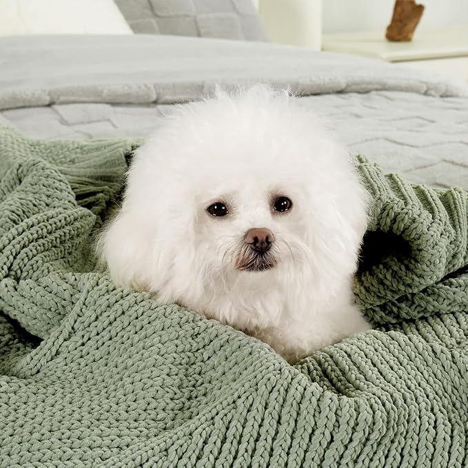 Knit Throw Blanket, Soft Chenille Cozy Breathable Chevron Chunky Decorative Blanket for Couch, Bed & Sofa, French-Inspired Lightweight Warm Gift for Women, Sage Green, 50"x60"