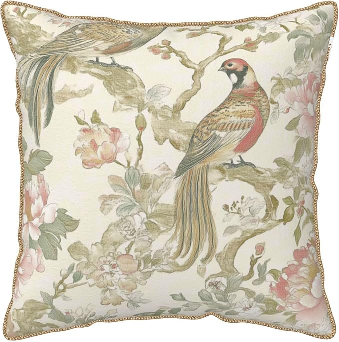 Vintage Bird Floral Velvet Pillow Covers 18x18 Inch Chinoiserie Flowers Leaves Throw Pillows for Couch Farmhouse Cushion Covers Pillowcase Light Green Leaf Pillow Cases for Sofa Bed Outdoor Decor