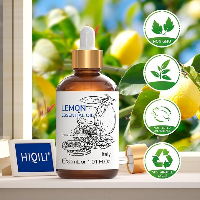 HIQILI Lemon Essential Oil for Cleaning, Skin, Diffuser - 1 Fl Oz/30ML | Creates a Fresh and Clean Atmosphere for Kitchen, Bath and More, Removes Odors and Stubborn Residue -30mL / 1.01 fl oz