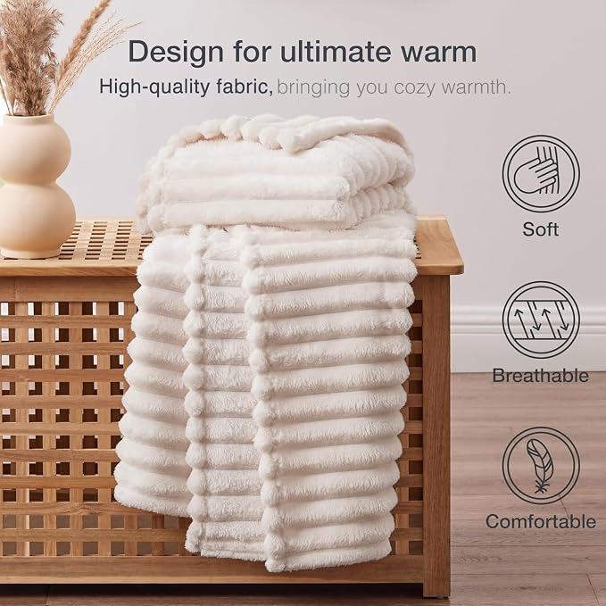 EXQ Home King Size Blanket for Bed or Couch - 3D Stripe Jacquard Decorative Fleece Blankets - Cozy Soft Lightweight Fuzzy Flannel Blanket Suitable for All Seasons(90"×108",Beige)