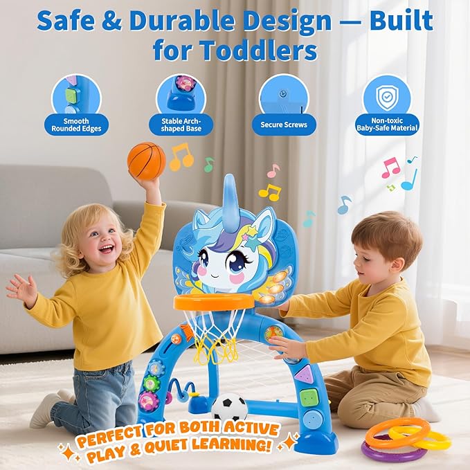 Unicorn Sports Play Set for Toddlers – Blue Basketball Hoop & Soccer Goal with Ring Toss | Indoor Outdoor Activity Center Toy for 1-3 Year Old Boys Girls | Birthday Gift Idea