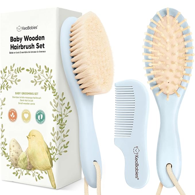 Wooden Baby Hair Brush Set for Newborns, Toddlers - Soft Goat Bristle Baby Brush and Comb Set Newborn Grooming Kit for Cradle Cap Care, Durable & Gentle, Boy, Girl Infant Essentials (Regular, Frost)