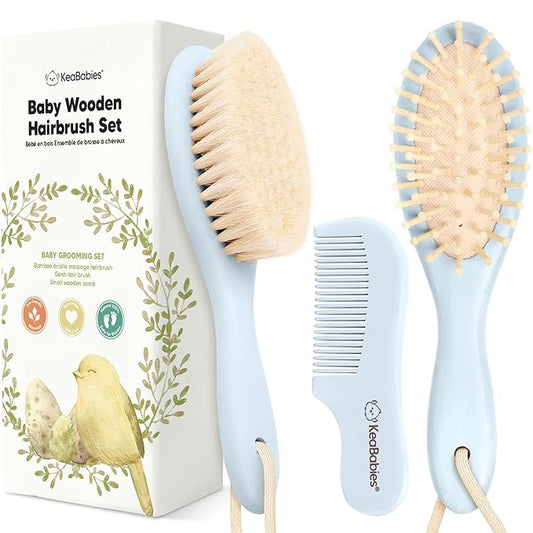 Wooden Baby Hair Brush Set for Newborns, Toddlers - Soft Goat Bristle Baby Brush and Comb Set Newborn Grooming Kit for Cradle Cap Care, Durable & Gentle, Boy, Girl Infant Essentials (Regular, Frost)