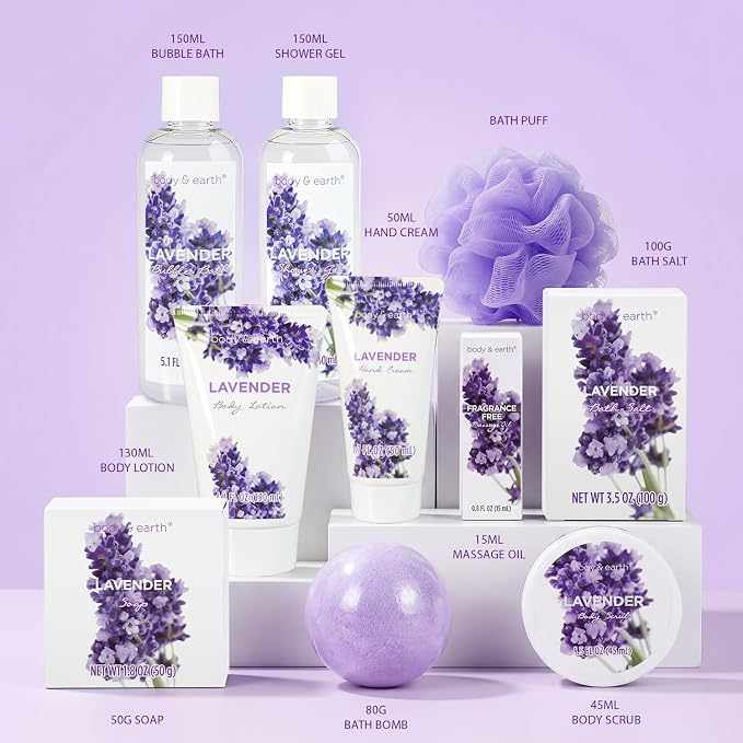BODY & EARTH Spa Gift Baskets for Women 11pcs Lavender Gift Sets with Bubble Bath, Shower Gel, Body Lotion, Mom Birthday Gifts, Spa Kit, Purple Gift for Her, Christmas Gifts