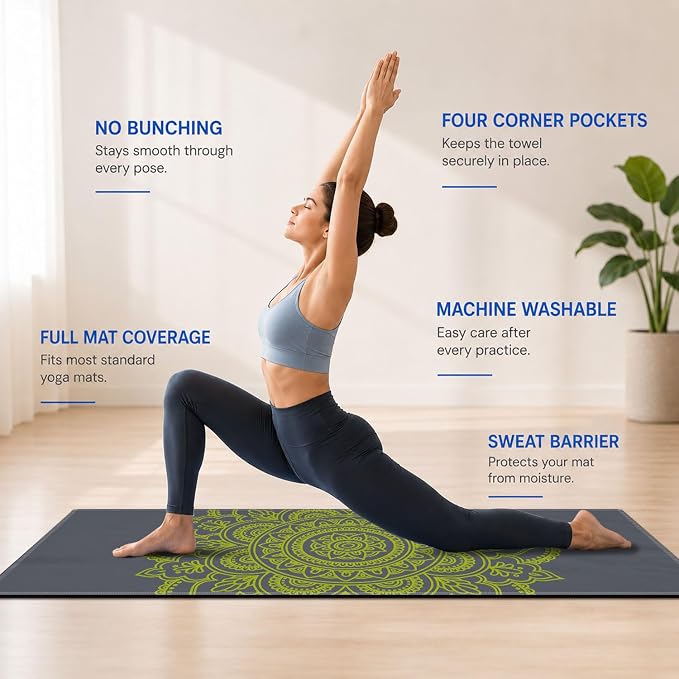 Yoga Mat Towel, Hot Yoga Non Slip with 4 Corner Pockets, 70 x 26 in | Soft Absorbent Microfiber With Four Corner Pockets, Fits Over Yoga Mats For Hot Yoga, Pilates, Gym, And Travel