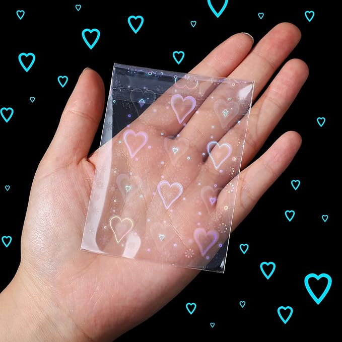 Tinlade 200 Pcs Laser Flashing Kpop Holographic Photo Card Sleeves Little Star Heart Glass Gemstone Transparent Trading Cards Sleeves 2.6 x 3.5 Inches