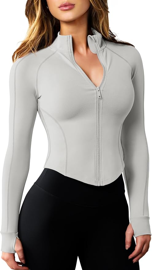 AVGO Women's Workout Jacket Lightweight Zip Up Cropped Yoga Jackets Slim Fit Athletic Tops with Thumb Holes
