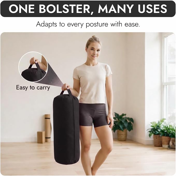 Yogikuti Iyengar Yoga Bolster for Restorative Yoga and Meditation – Lightweight Cotton Support Pillow with Handle for Easy Carry, Versatile for Pose Modification, Balance, Back Relief, and Relaxation
