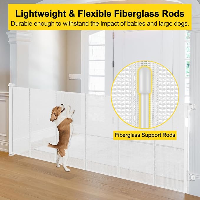 Reinforced 42” Tall x 130” Extra Wide Retractable Baby Gate for Large Openings Extra Tall Dog Gate with Rods to Prevent Crawling Through, Extra Long Mesh Pet Gate for Doorways, White
