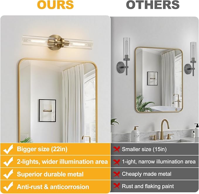 Indoi Brass Wall Sconces, Hardwired Bathroom Sconces Wall Lighting with Clear Glass, Modern Bathroom Vanity Lights fixtures for Mirror Bedroom Living Room Hallway Kitchen