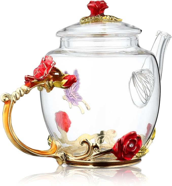 Glass Teapot -300 ml (10 oz), Flower Decoration Heat Resistant Glass Teapot Kettle with Golden Leaf Edge Color Floral Pattern Retro Teapot Tea Party Set (Red)