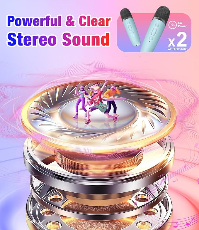Mini Karaoke Machine, Portable Bluetooth Speaker with 2 Wireless Microphones for Kids & Adults, Karaoke Microphone with LED Lights, Gifts for Girls & Boys_Blue