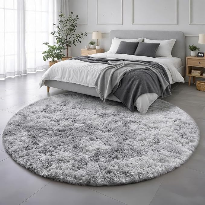 Amdrebio Tie-Dyed Light Grey Round Area Rugs for Living Room, 7x7 Large Soft Circle Rugs for Bedroom, Fluffy Shag Carpet for Kids Room, Big Modern Floor Circular Shaggy Farmhouse Rug