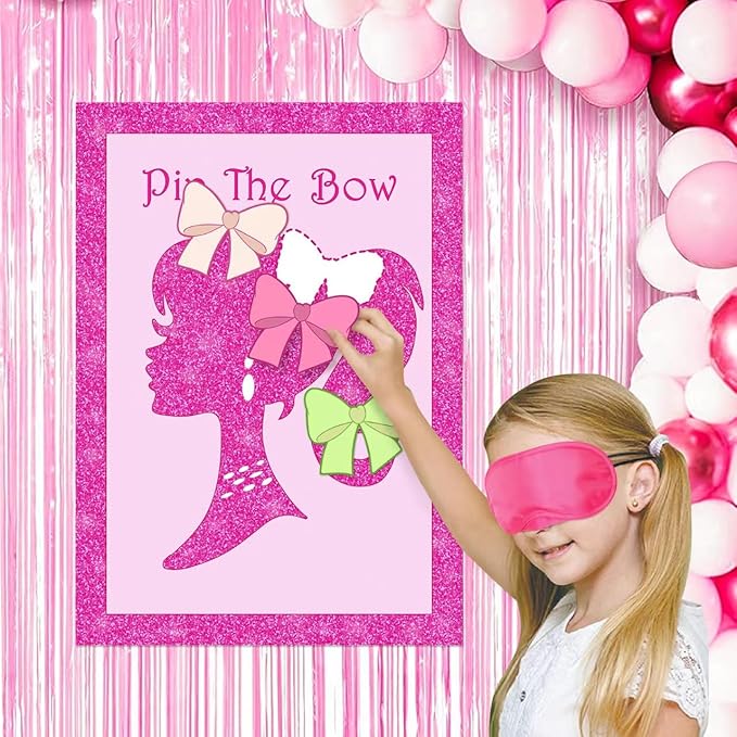 Pink Girl Party Supplies Decorations, Cute Girl Princess Pin The Bow on The Head Party Game, Large Poster with 24Pcs Bow Stickers Favors for Kids’ Birthday Party
