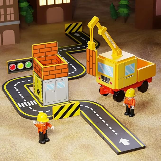 Magnetic Road & Construction Set with Crane – 36-Piece STEM Building Tiles for Kids Ages 3-7, Montessori Learning Toy with Workers & Car
