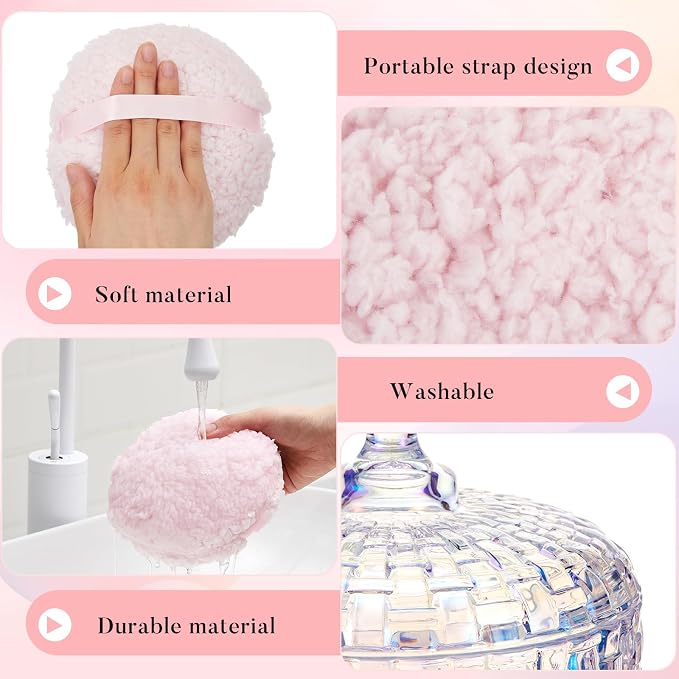 Tioncy 2 Pcs Extra Large Dusting Powder Puff and Container for Women-6'' Glass Crystal Dusting Powder Container with Body Soft Washable Reusable Velour Face(Glitter,Weave Design)