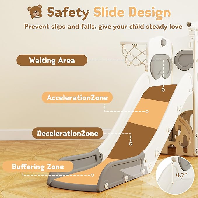 8-in-1 Toddler Slide, Indoor Slide for Toddlers Ages 1-3 and Indoor/Outdoor Play Set Playground with Storage, Climber, Telescope, Golf Set, Drawing Set, Basketball Hoop Bear Theme
