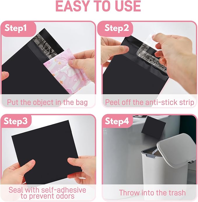 Sanitary Napkin Disposal Bags FARVIGOR, 100Pcs Women Feminine Hygiene Disposal Bags for Tampons and Pads, Personal Disposal Bag Self-Sealing, Privacy Protection, 9.8x5.9"(Black)