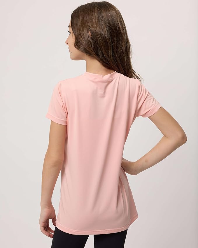 Real Essentials 5 Pack: Girls' Short Sleeve Dry-Fit Athletic T-Shirt - Active Gym Crew Neck Tops for Teens Kids (Ages 4-16)