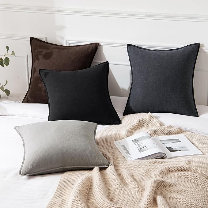 MIULEE Decorative Linen Euro Sham Pillow Covers 22x22 Inch Black | Boho Farmhouse Neutral Couch Throw Pillows for Bed, Pack of 2 Accent Modern Pillowcases, Sofa Livingroom Home Decor