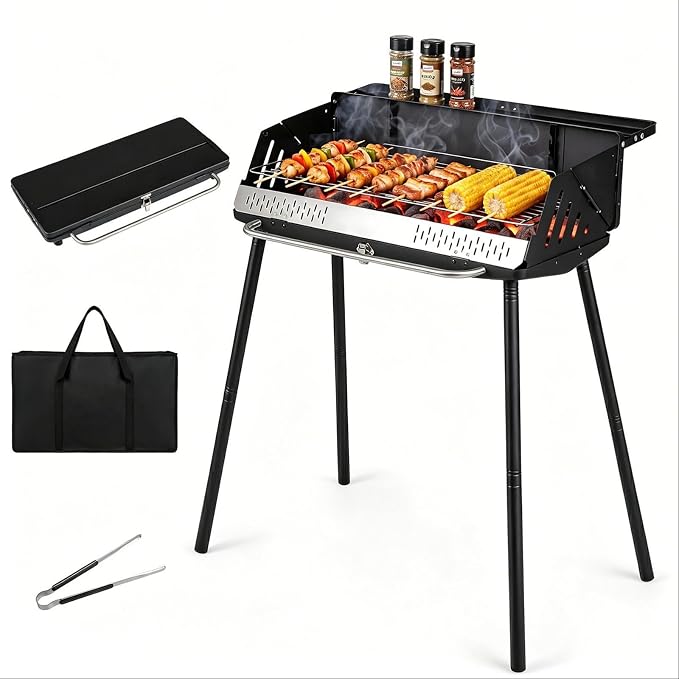 Giantex Portable Charcoal Grill with Detachable Legs, Compact BBQ Grill | Adjustable Grate, Spice Rack & Carrying Bag, Lightweight Barbecue Griddle for Backyard Party Camping Tailgating