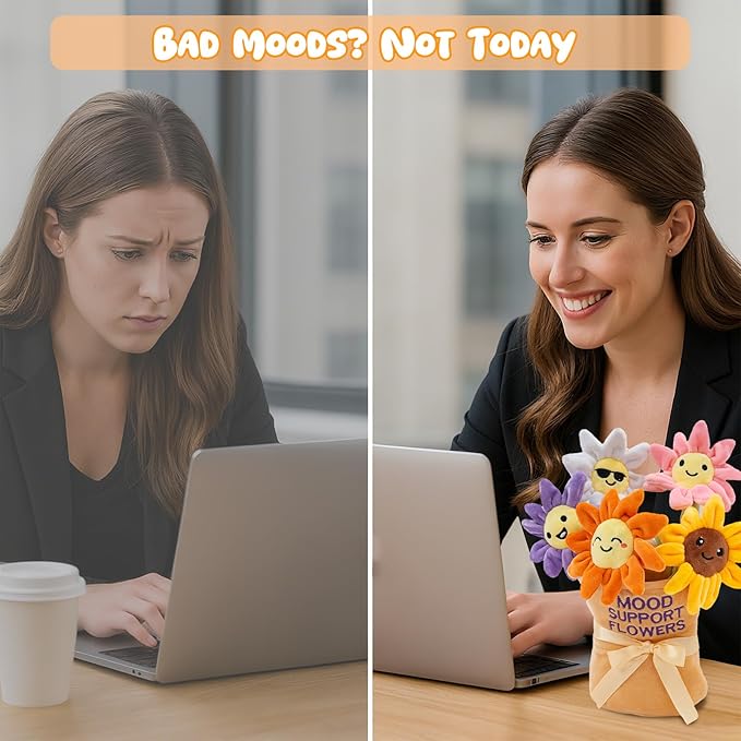 Mood Support 5 Bendable Flower Plush Bouquet in Basket| Emotional Encouraging Support Stuffed Animals Toys, Squishy Daisy & Sunflower Stems | Valentine's Day Gifts for Her, Wife, Girlfriend