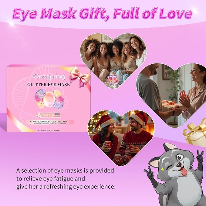 Eye Masks (24 Pairs) - Gift for Her - Tri-color Glitter Under Eye Patches for Dark Circles, Puffiness, Wrinkles, Soothing & Hydrating, Peptides Eye Gel Pads, Beauty Essential for Women, Birthday Gift