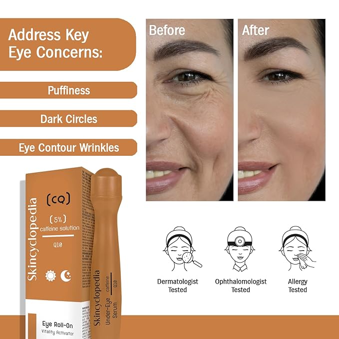 Under Eye Treatment, Roll-On + 3 Hydrogel Pads with Caffeine & Q10, Cooling Roller, Energizing Serum for Dark Circles, Puffiness Bags, Fine Lines & Wrinkles, Deep Hydration Activator.