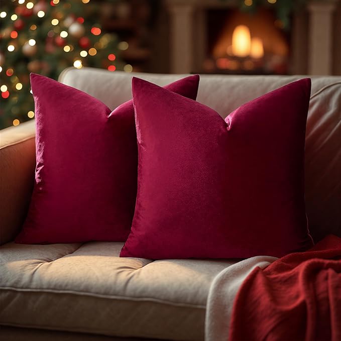 GIGIZAZA Burgundy Velvet Pillow Covers 16x16 Decorative Pillows Pack of 2 | Red Throw Pillows for Couch Sofa,280gsm Soft Textured Fabric,Modern Square Pillowcases,Luxury Cushion Covers