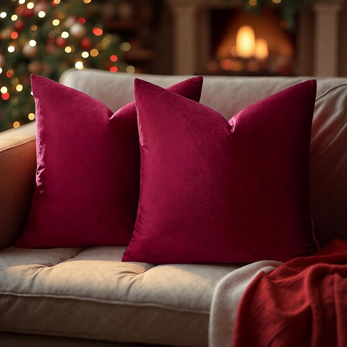 GIGIZAZA Burgundy Velvet Pillow Covers 26x26 Decorative Pillows Pack of 2 | Red Throw Pillows for Couch,Euro Sham,280gsm Soft Textured Fabric,Modern Pillowcases,Luxury Cushion Covers