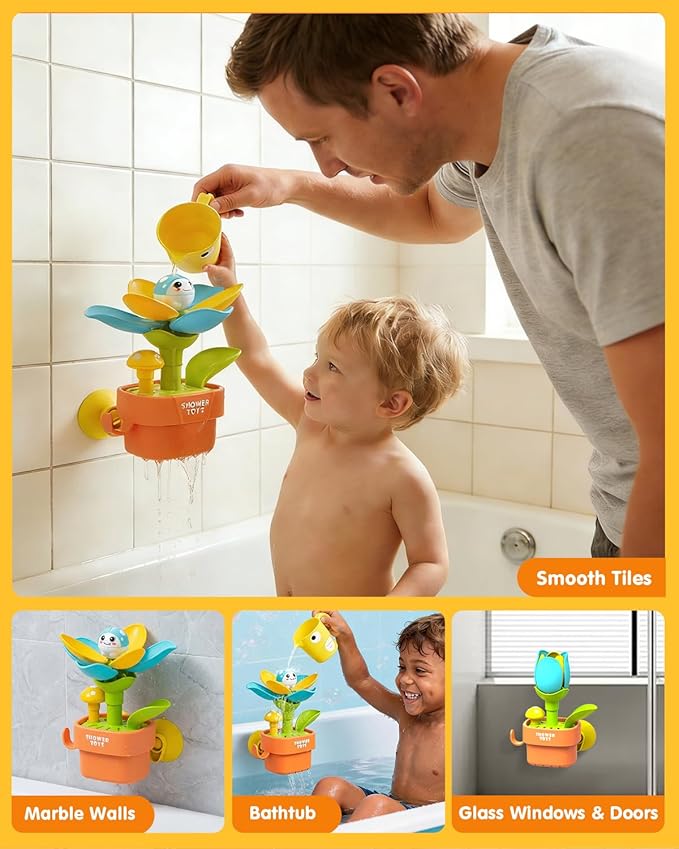 Bath Toys for Kids Ages 1-3: Flower Set with Watering Cup, Toddler Interactive Bath Toys with Strong Suction Cup, Attach to Any Tub or Shower Fun for Bath Time - Great for Boys, Girls Shower Gifts