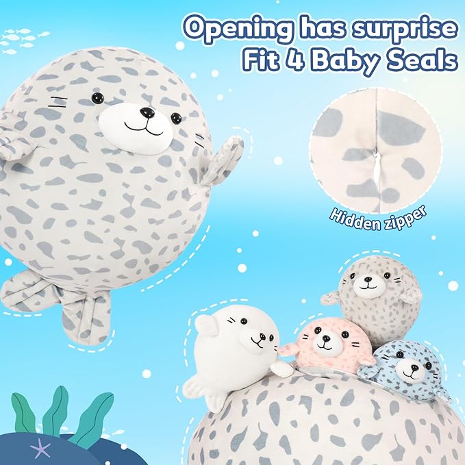 MaoGoLan Chubby Blob Seal Pillow Plush,20" Giant Seal Stuffed Animals with 4 Babies Inside,Ultra Soft Stuffed Throw Pillow for Kids,Girls,Boys