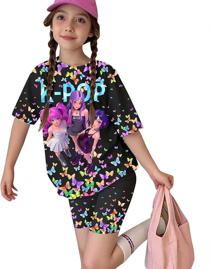 K-POP DEM0N Hunters Outfits for Girls, 2 Piece T-Shirts and Apparel Sets Birthday Gift