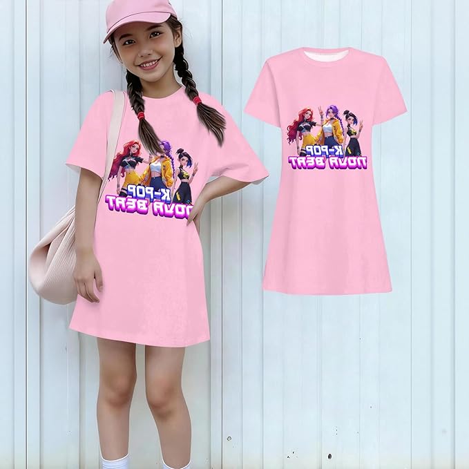 Girl's Anime K-POP Graphic Long Dress T-Shirt - Casual Loose Fit Short Sleeve Top