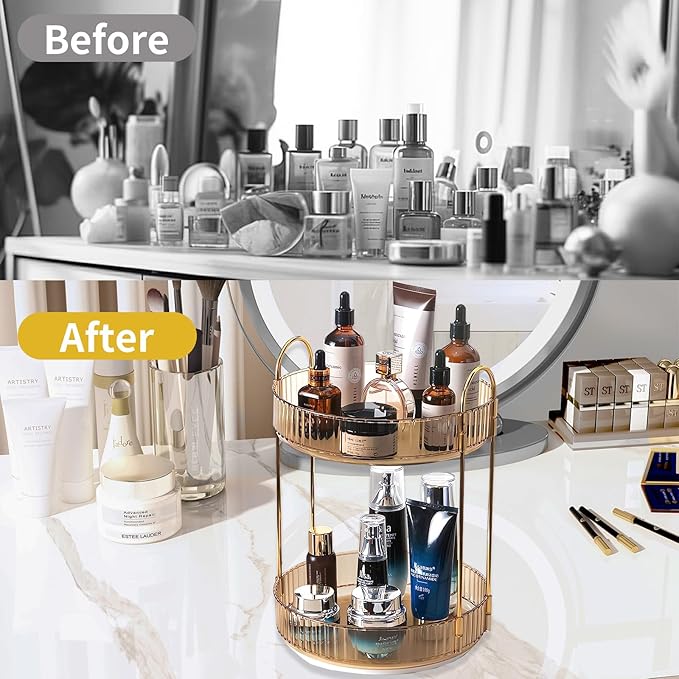 Asayuee 360 Rotating Gold Makeup Organizer,2 Tier Large Capacity Rotating Makeup Organizer,SkincarePerfume Organizer,Bathroom Cosmetics Storage Organizer Countertop (Gold-2 Tier)