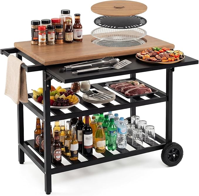 HAPPYGRILL Outdoor Grill Cart with Foldable Side Panel, 2 Storage Shelves | Movable Food Prep Table with Korean BBQ Charcoal Grill, Outside Pizza Oven Table for Patio Backyard Cooking BBQ