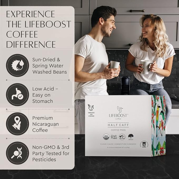 Lifeboost Half Caff Coffee K Cups - Low Acid Half Caff Coffee Pods - Non-GMO Mold Free Pods Compatible with Keurig & Keurig 2 - Third Party Tested for Mycotoxins and Pesticides - 10 Count