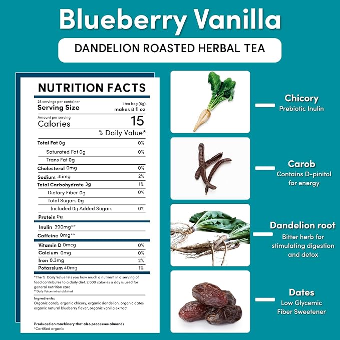 Teeccino Dandelion Blueberry Vanilla Herbal Tea, 10 Count - Rich & Roasted Herbal Tea That’s Caffeine Free & Prebiotic for Natural Energy, Coffee Alternative