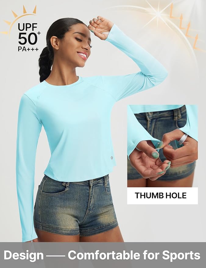 baleaf Women's UPF 50+ Long Sleeve Sun Shirts Crop Rash Guard UV Workout Tops SPF Slim Fit Lightweight Athletic Hiking
