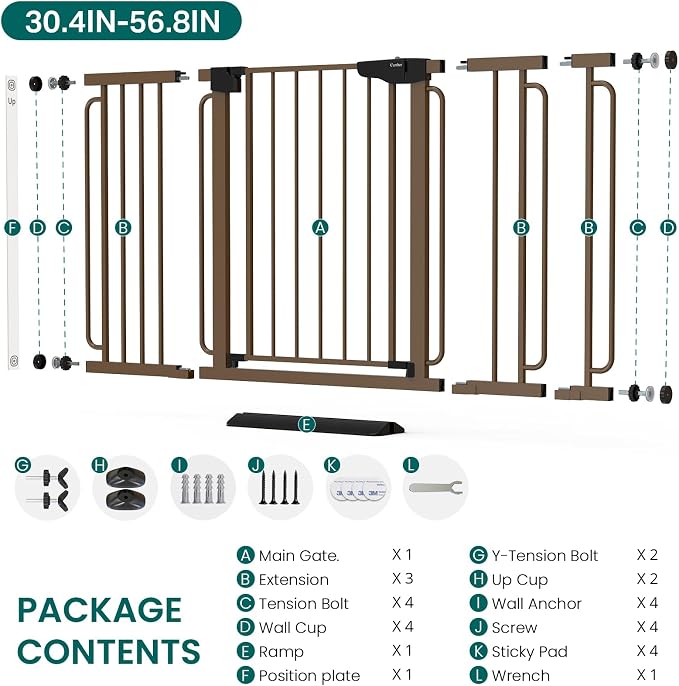 Cumbor 30.4-56.8" Extra Wide Baby Gate for Stairs, Dual Lock & Self-Closing Dog Gate Indoor, Easy Install Pet Gate for Doorways & Wide Openings, Easy Walk Thru Safety Proofing for Babies & Pets, Brown