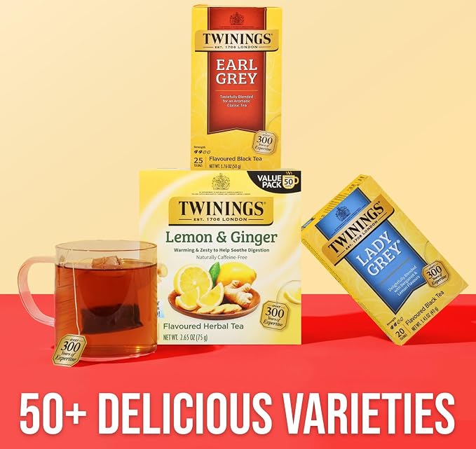 Twinings Earl Grey Black Tea Individually Wrapped Bags, 25 Count (Pack of 6), Flavoured with Citrus and Bergamot, Caffeinated, Enjoy Hot or Iced, 150 Teabags