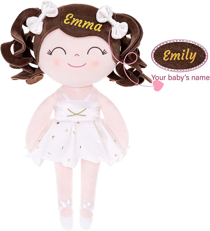 Gloveleya Personalized Ballerina Doll – Custom Name Baby Girl Gift, Soft Plush Rag Doll with White Ballet Dress, 13 Inches – Birthday, Baby Shower & Holiday Keepsake