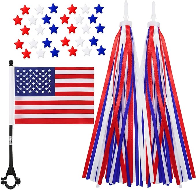 PLATT Kid's Bicycle Handlebar Streamers Colorful Ribbons Tassel for Girls Boys Bicycle Handlebar Scooter Handgrip (1Pair) (Red, white and blue stars)