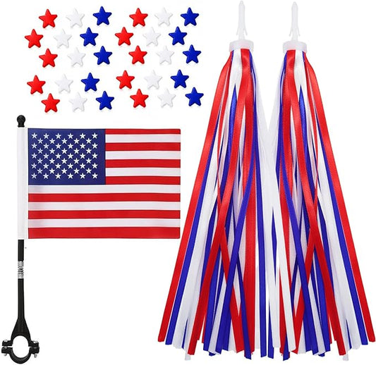 PLATT Kid's Bicycle Handlebar Streamers Colorful Ribbons Tassel for Girls Boys Bicycle Handlebar Scooter Handgrip (1Pair) (Red, white and blue stars)