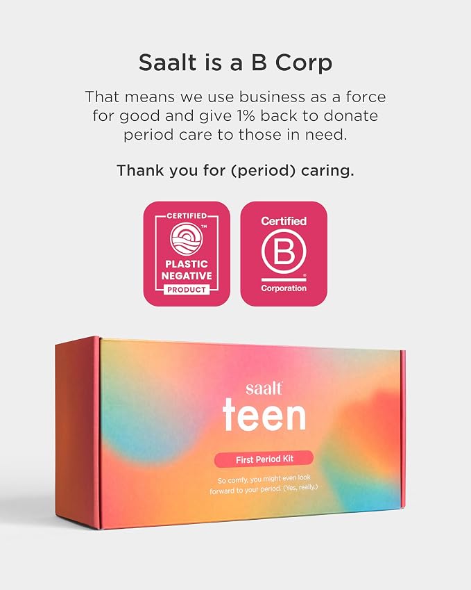Saalt Teen First Period Kit - Includes Leakproof Period Underwear, Menstrual Cup, Menstrual Cup Wash, Compact Sanitizer, Feminine Wipes, Storage Bag, Saalt Stickers & Period Care 101 Booklet - Large